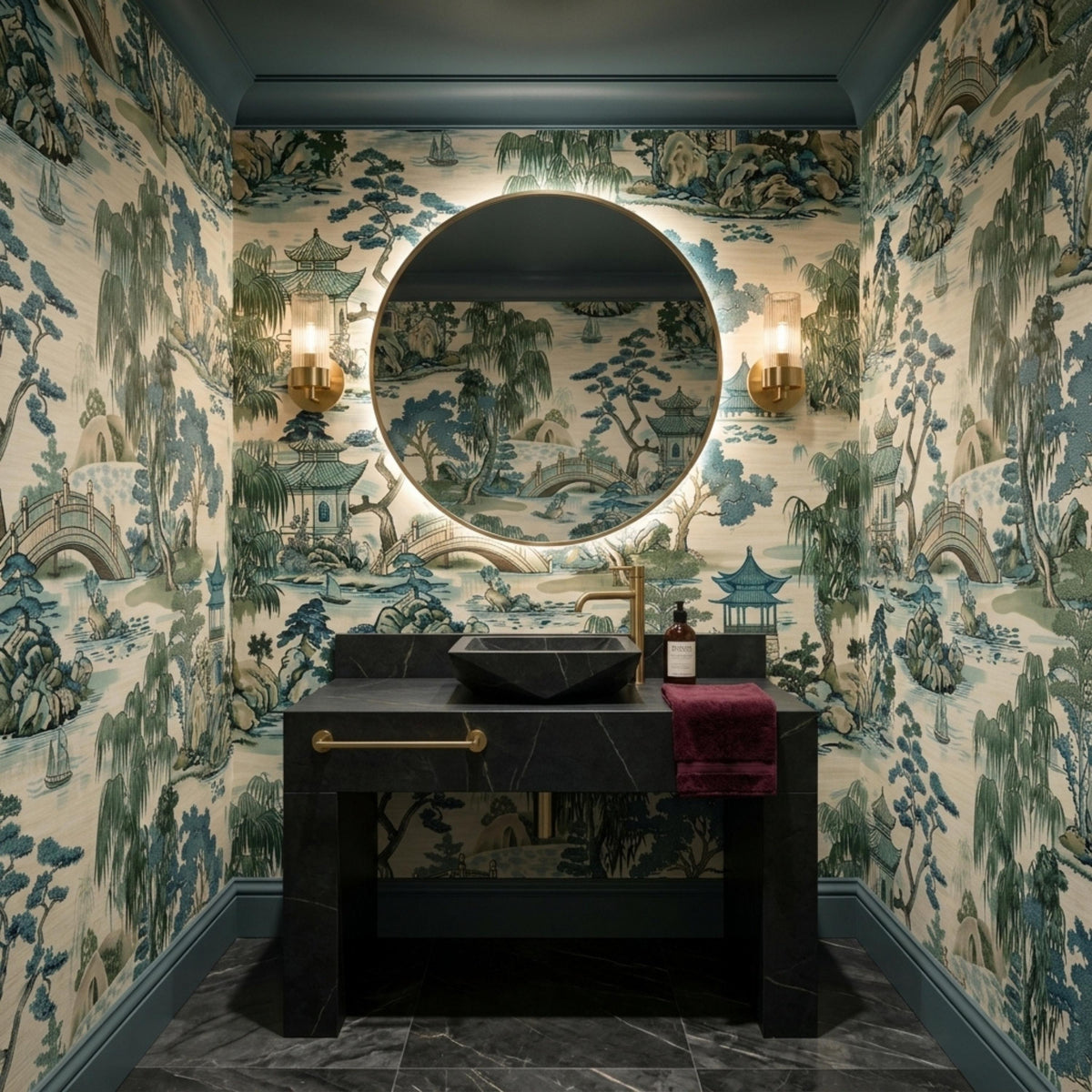 A bathroom with dark marble counters and a round mirror against a blue and green landscape wallpaper.