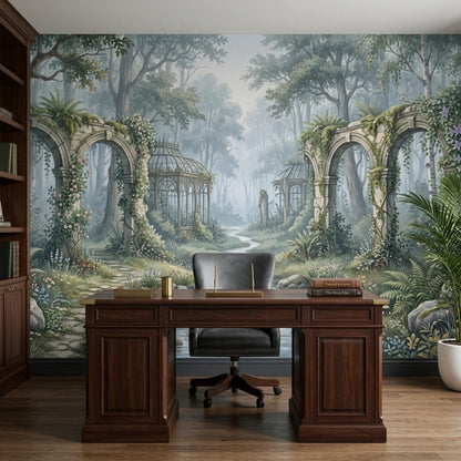 A home office with a dark wooden desk and a black chair, positioned in front of a wall mural showing a magical forest with ivy-covered ruins and a river.