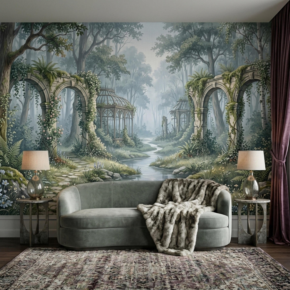 A living room with a gray velvet settee draped with a faux fur throw, flanked by two side tables with lamps, against a wall mural of a fantasy forest.