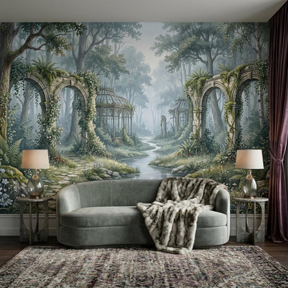 A living room with a gray velvet settee draped with a faux fur throw, flanked by two side tables with lamps, against a wall mural of a fantasy forest.