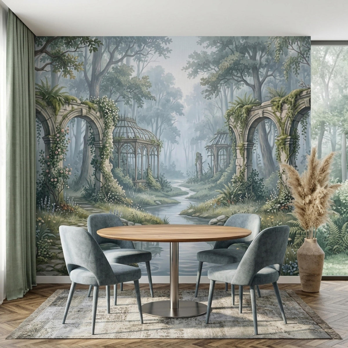 A dining room with a round wooden table and four blue chairs, set against a wall mural of a whimsical forest with ancient ruins and a winding stream.
