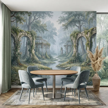A dining room with a round wooden table and four blue chairs, set against a wall mural of a whimsical forest with ancient ruins and a winding stream.