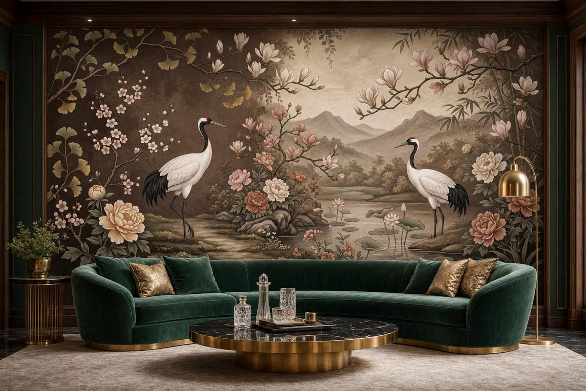 A dark green curved sofa sits on a light rug in front of a mural depicting two cranes, a pond, mountains, and various flowers on a brown and beige background.
