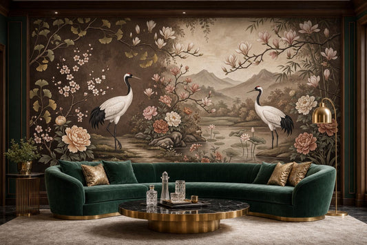 A dark green curved sofa sits on a light rug in front of a mural depicting two cranes, a pond, mountains, and various flowers on a brown and beige background.
