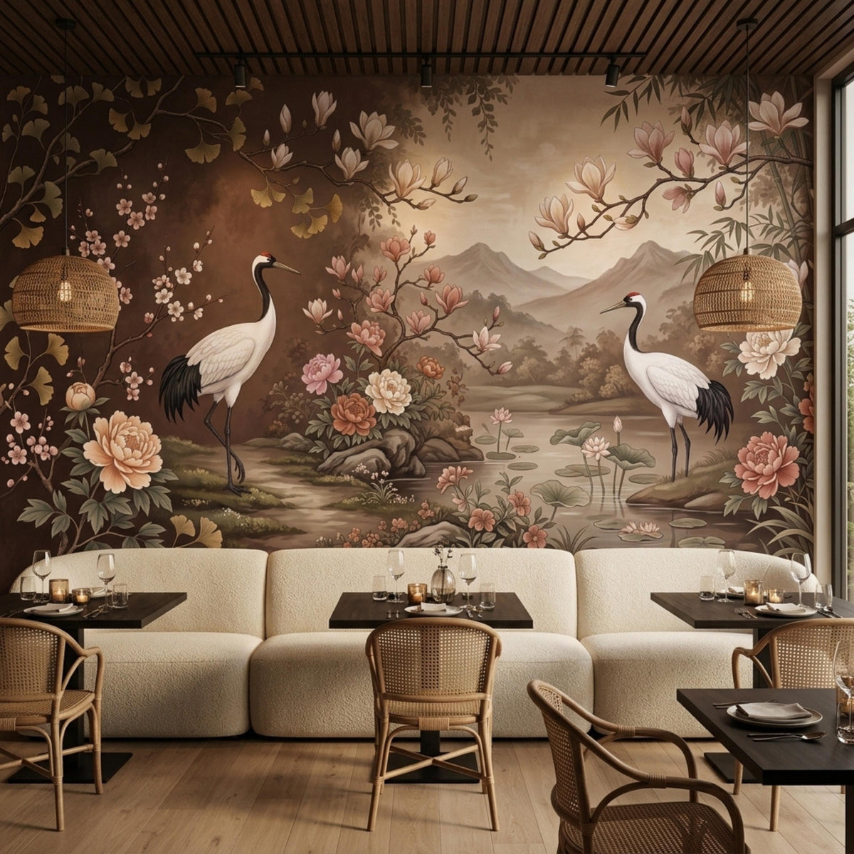 A restaurant setting with light-colored banquettes and wooden chairs in front of a mural depicting two cranes, a pond, mountains, and various flowers on a brown and beige background.