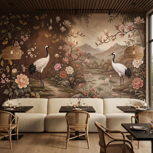 A restaurant setting with light-colored banquettes and wooden chairs in front of a mural depicting two cranes, a pond, mountains, and various flowers on a brown and beige background.