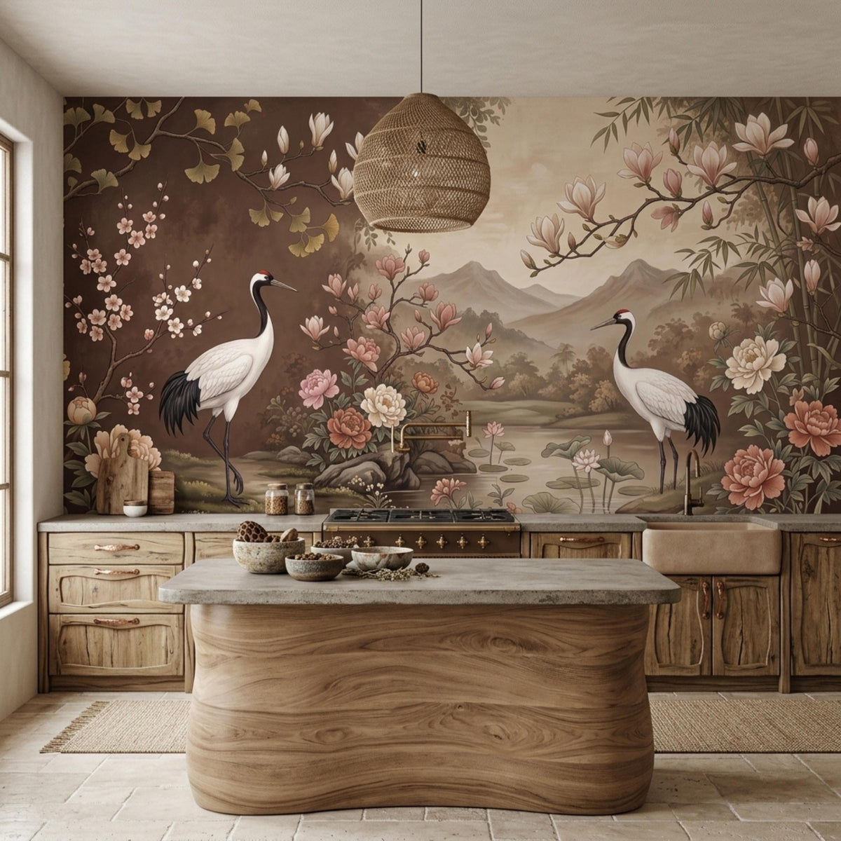 A kitchen with light wood cabinets and a large wooden island in front of a mural depicting two cranes, a pond, mountains, and various flowers on a brown and beige background.