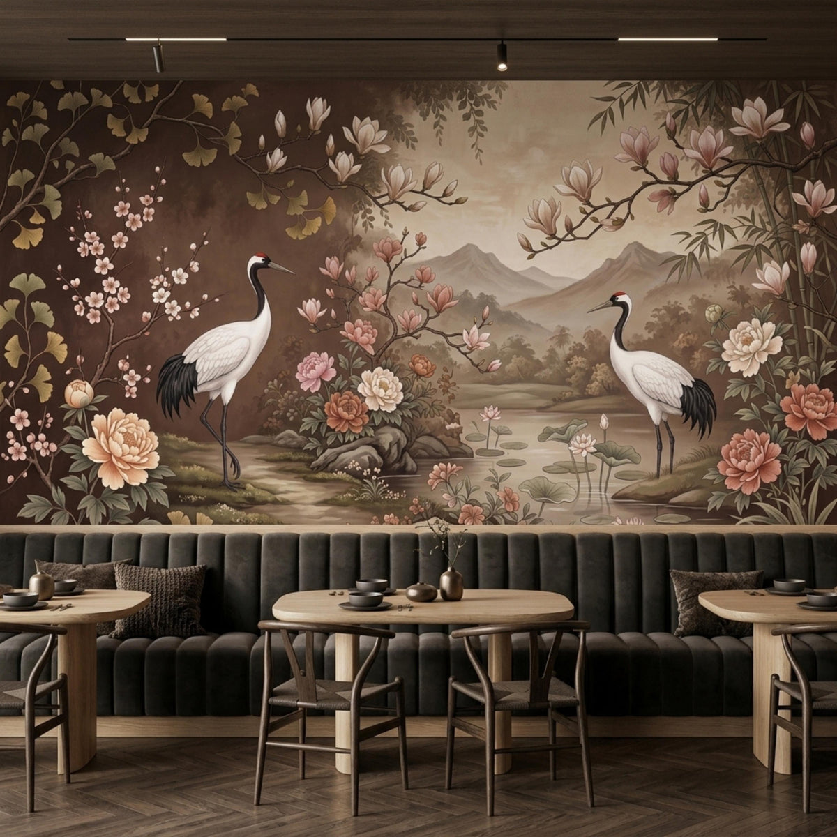 A restaurant setting with dark upholstered banquettes and wooden tables in front of a mural depicting two cranes, a pond, mountains, and various flowers on a brown and beige background.