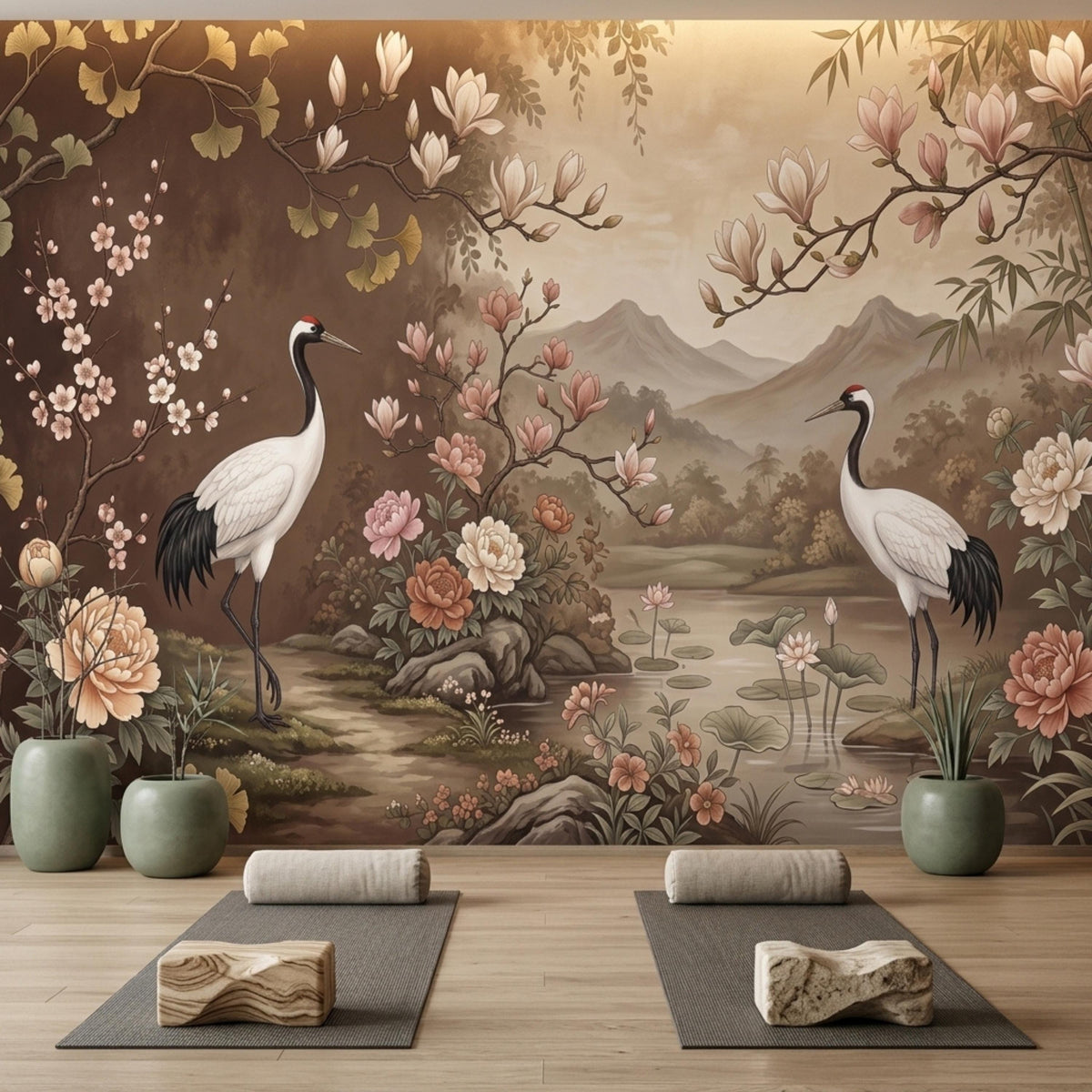 Two yoga mats with wooden blocks and rolled towels sit on a light rug in front of a mural depicting two cranes, a pond, mountains, and various flowers on a brown and beige background.