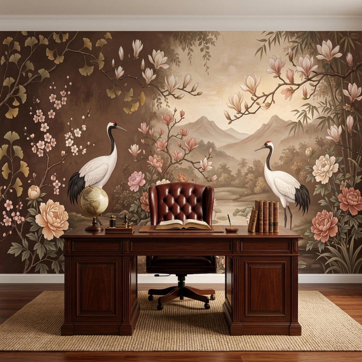 A large wooden desk with a leather chair and a globe sits on a textured rug in front of a mural depicting two cranes, a pond, mountains, and various flowers on a brown and beige background.