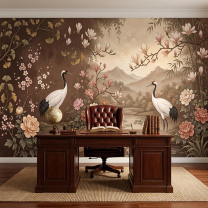 A large wooden desk with a leather chair and a globe sits on a textured rug in front of a mural depicting two cranes, a pond, mountains, and various flowers on a brown and beige background.