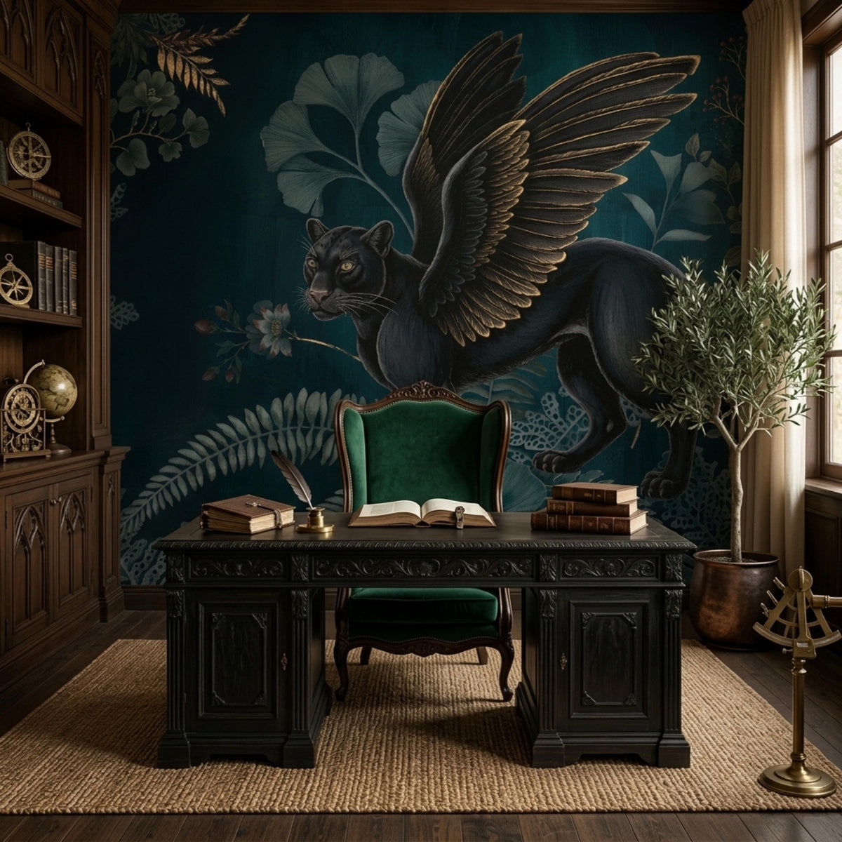 A home office with a dark green wall mural featuring a winged black panther and botanical elements, a dark wooden desk, and a green velvet chair.