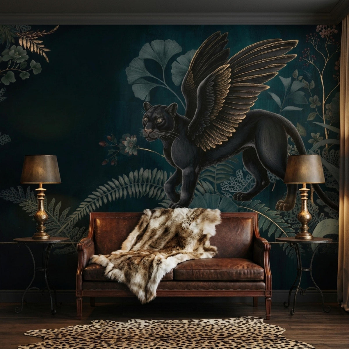 A dark green wall mural with a winged black panther and botanical designs above a brown leather loveseat draped with a fur throw, with a leopard print rug on the floor.