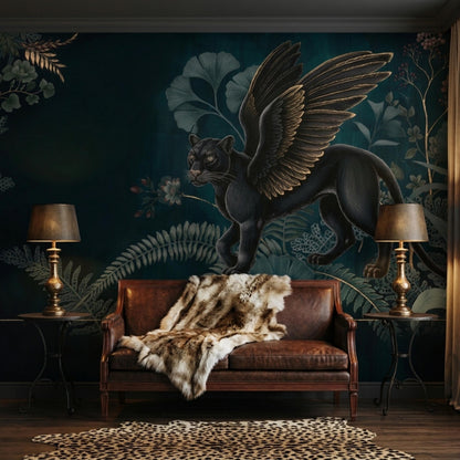 A dark green wall mural with a winged black panther and botanical designs above a brown leather loveseat draped with a fur throw, with a leopard print rug on the floor.