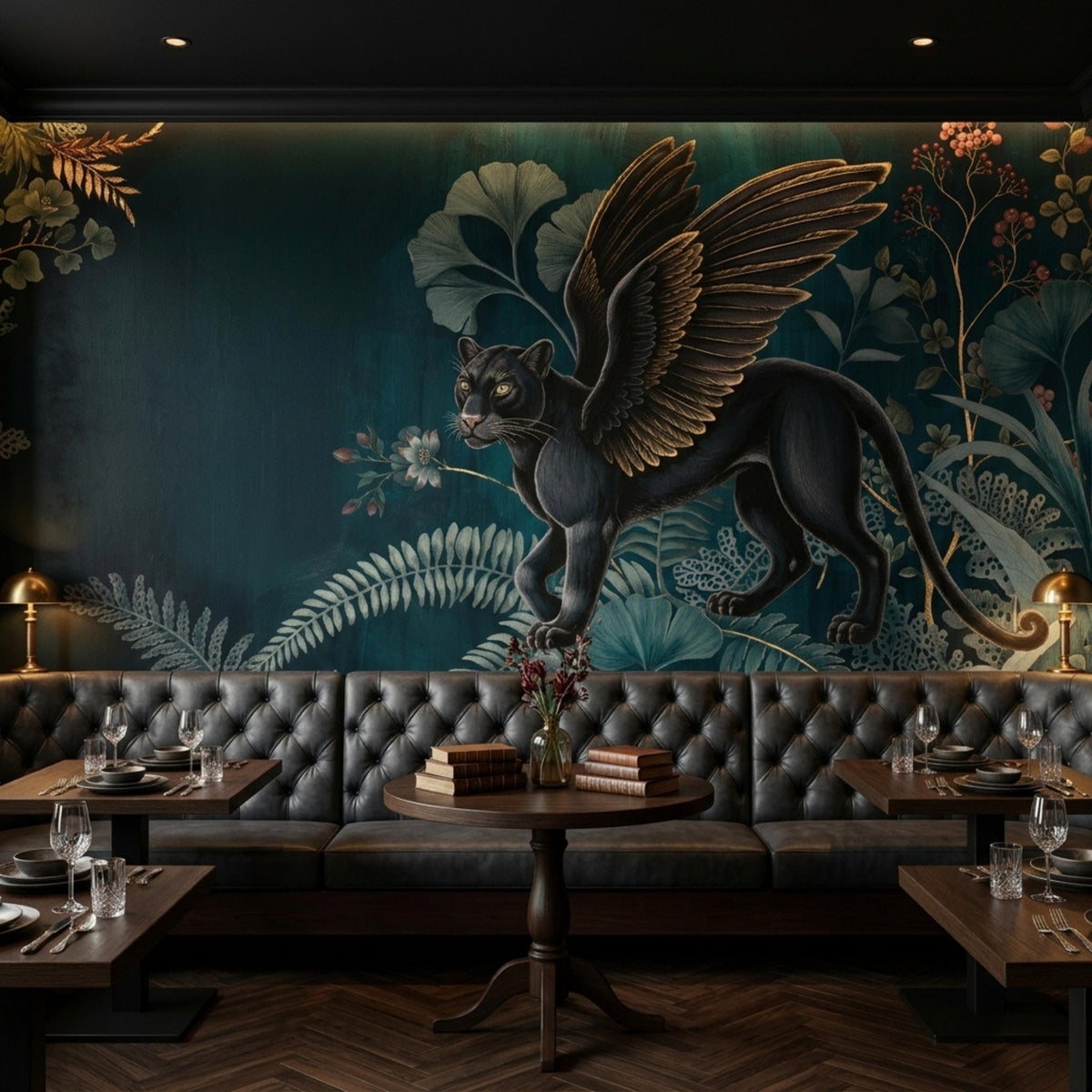 A restaurant interior with a dark green wall mural featuring a winged black panther and botanical elements, dark tufted booths, and wooden tables.
