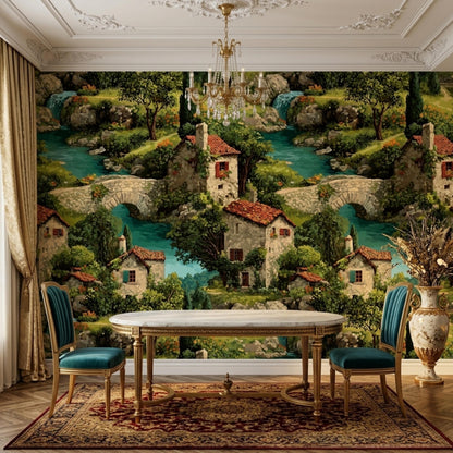 A dining room with a gold chandelier, a wooden table, and two teal chairs, against a wallpaper featuring a painted village scene with houses, trees, and a river.