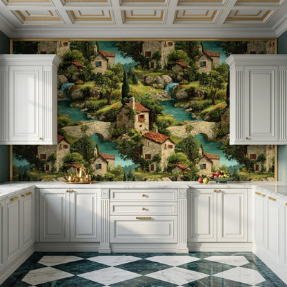 A kitchen with white cabinets and a checkered floor, against a wallpaper featuring a painted village scene with houses, trees, and a river.
