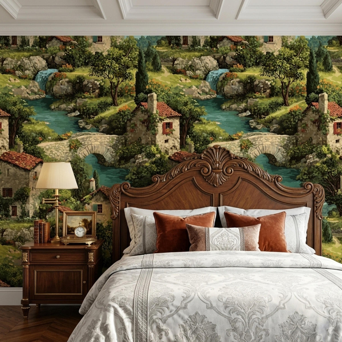A bedroom with a dark wood bed frame and white bedding, against a wallpaper featuring a painted village scene with houses, trees, and a river.