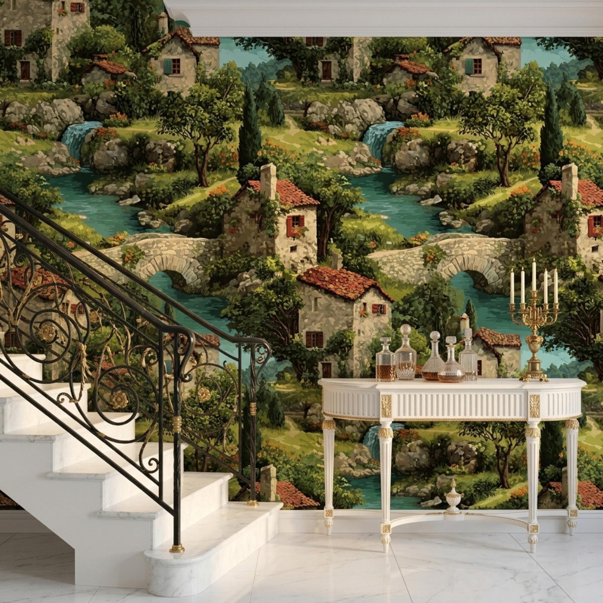 A staircase with a black and gold railing, next to a white console table, against a wallpaper featuring a painted village scene with houses, trees, and a river.