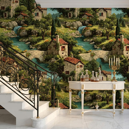 A staircase with a black and gold railing, next to a white console table, against a wallpaper featuring a painted village scene with houses, trees, and a river.