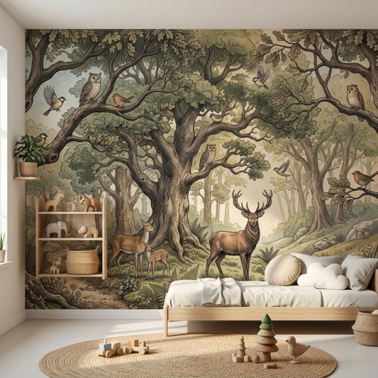 A nursery with a woodland mural featuring a large oak tree, deer, and birds, with a light wood crib and shelves.
