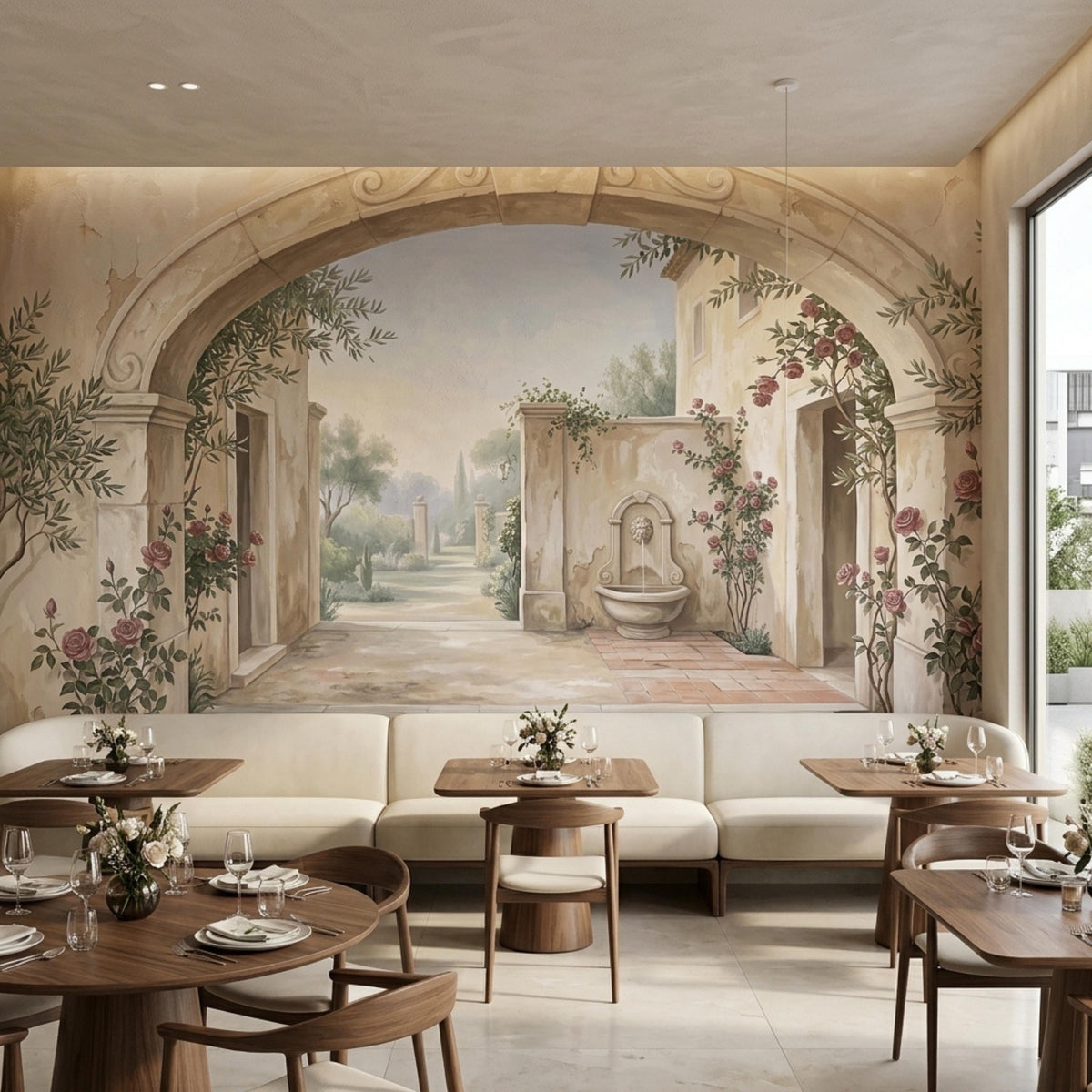 A cafe dining area features a wall mural of a stone archway, a garden path, a fountain, and buildings with climbing roses.