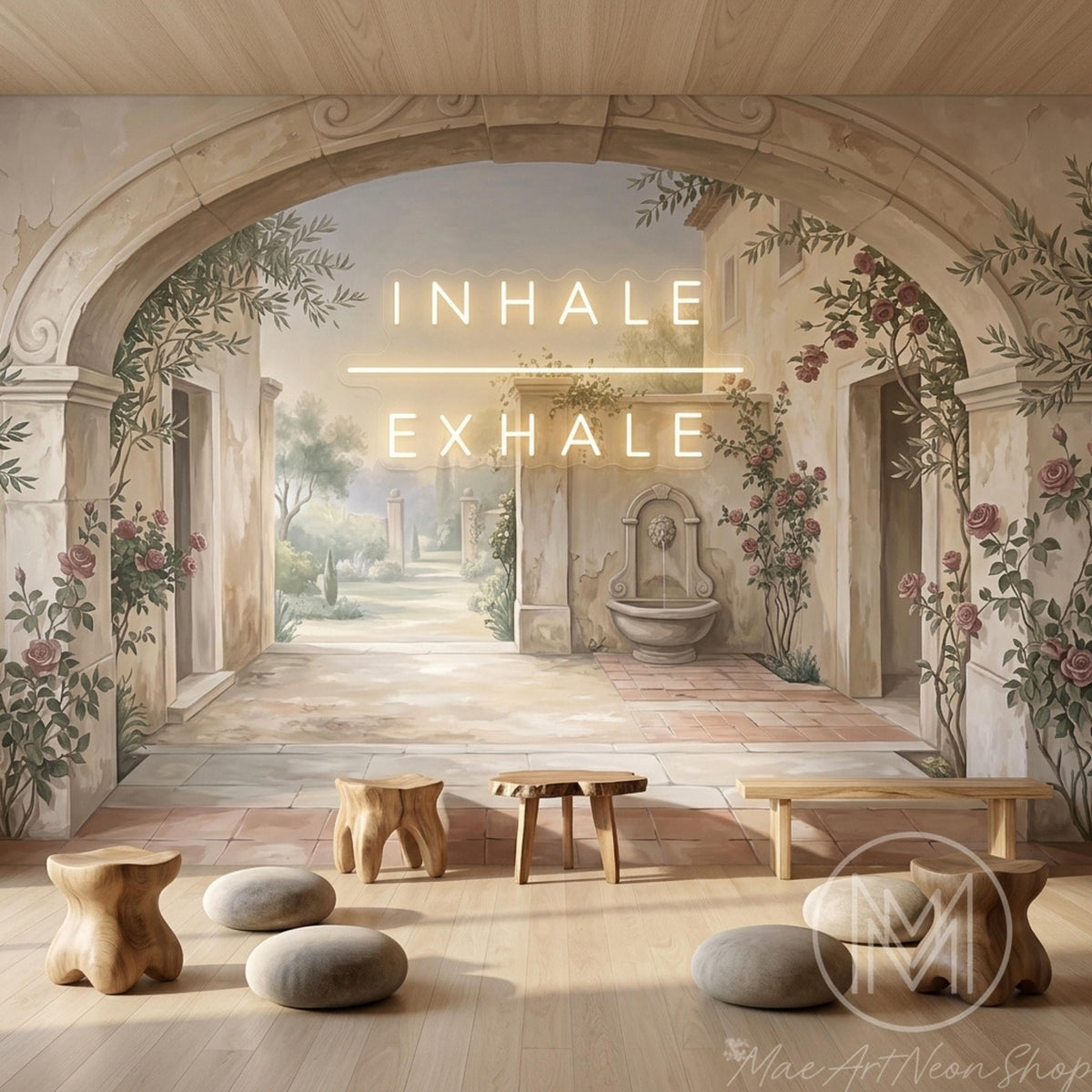 A wall mural of a stone archway and garden scene with neon signs that read "INHALE" and "EXHALE" above wooden stools and a low table.