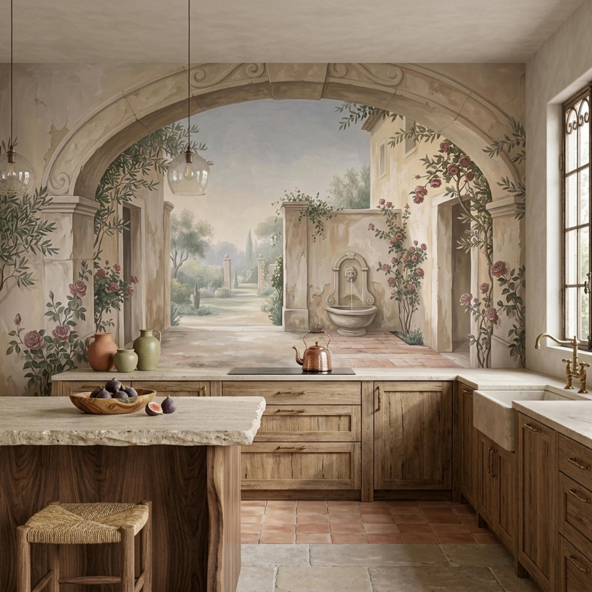 A kitchen with wooden cabinets and a wall mural of a stone archway leading to a garden path, a fountain, and a distant villa.