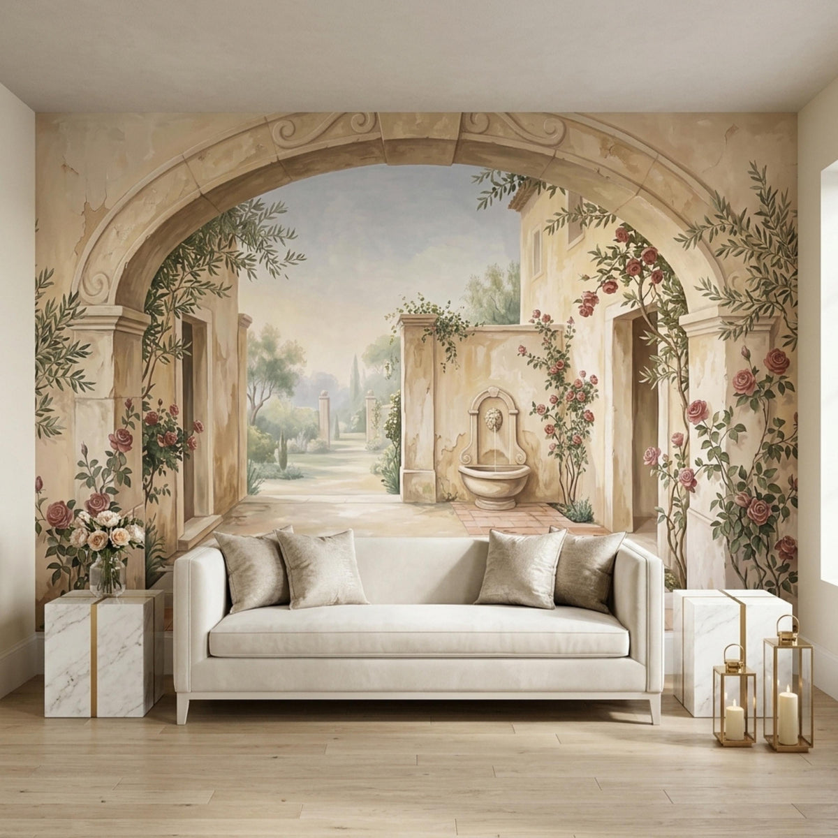 A living room with a white sofa and side tables in front of a wall mural showing a stone archway, a garden path, and a fountain.