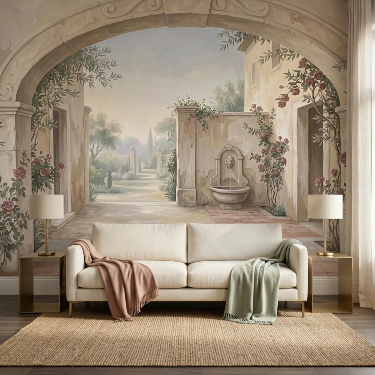 A living room with a cream sofa, two lamps, and a wall mural of a stone archway opening to a garden path and a fountain.