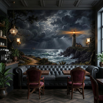 A cafe interior with a dark leather Chesterfield sofa and two armchairs facing a wall mural depicting a stormy ocean scene with a lighthouse.