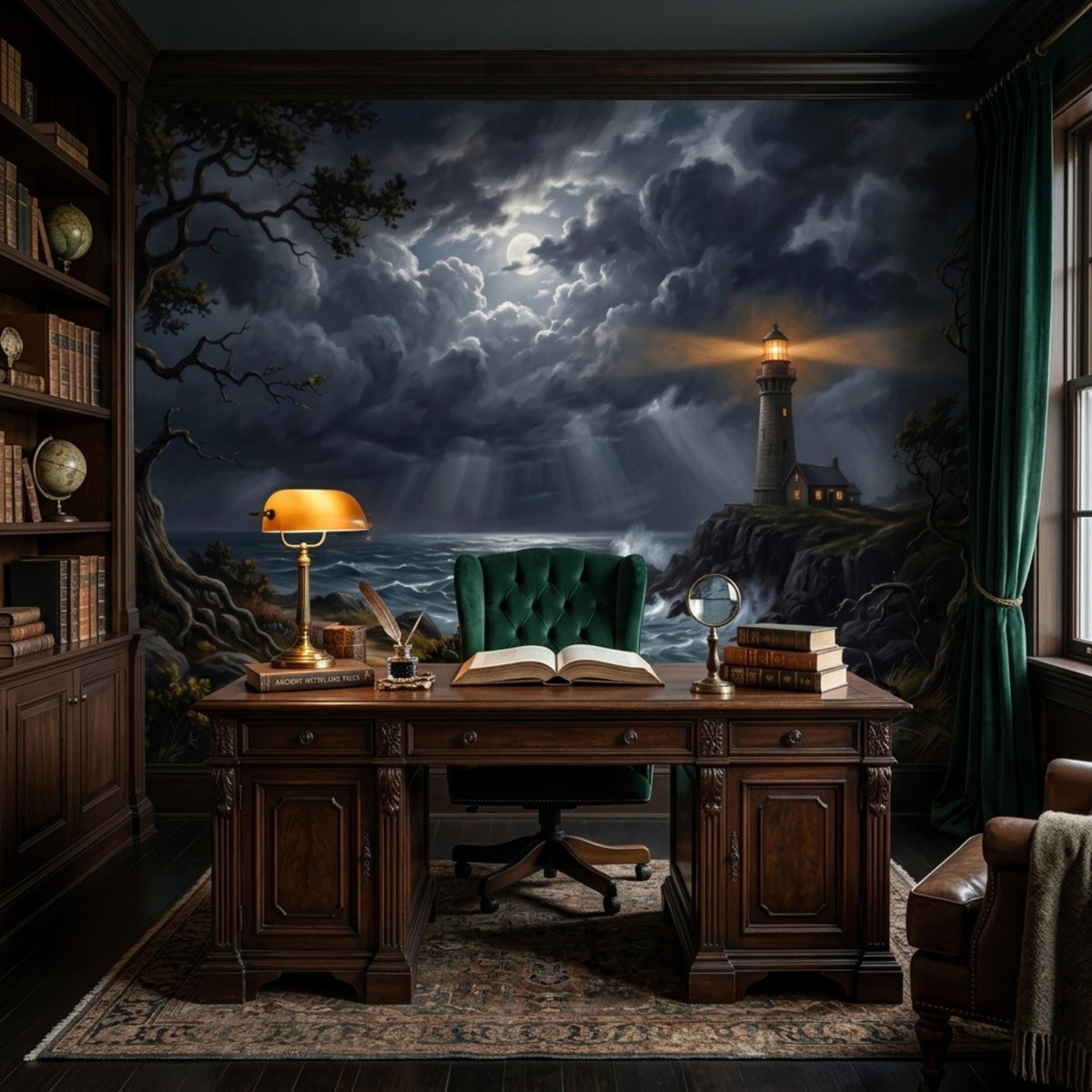 A dark wooden desk with an open book and a green velvet office chair in a room with a wall mural of a stormy lighthouse scene and bookshelves.