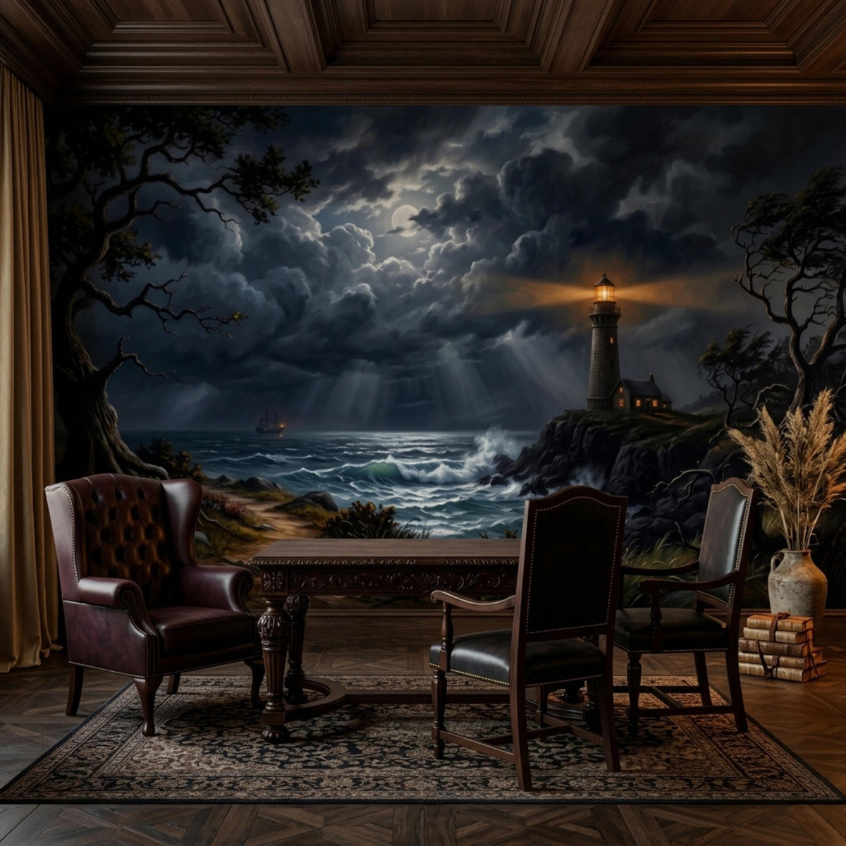 A living room with a dark leather wingback chair and two wooden armchairs on a patterned rug, facing a wall mural of a stormy lighthouse scene.