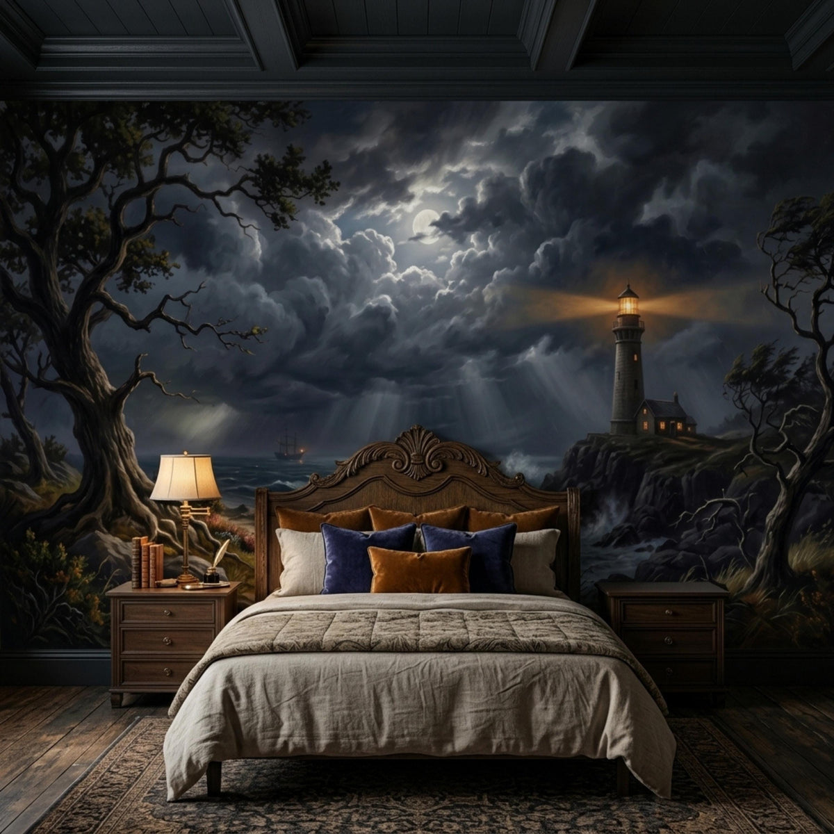 A bedroom with a large wooden bed and nightstands, featuring a wall mural of a stormy sea with a lighthouse and dark, moonlit clouds.