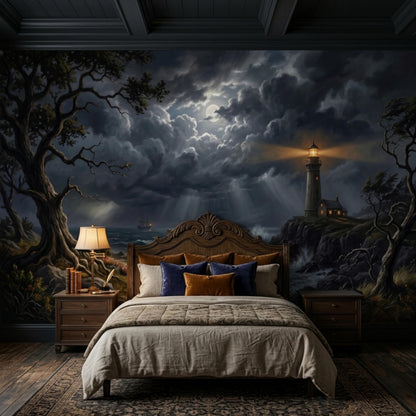 A bedroom with a large wooden bed and nightstands, featuring a wall mural of a stormy sea with a lighthouse and dark, moonlit clouds.