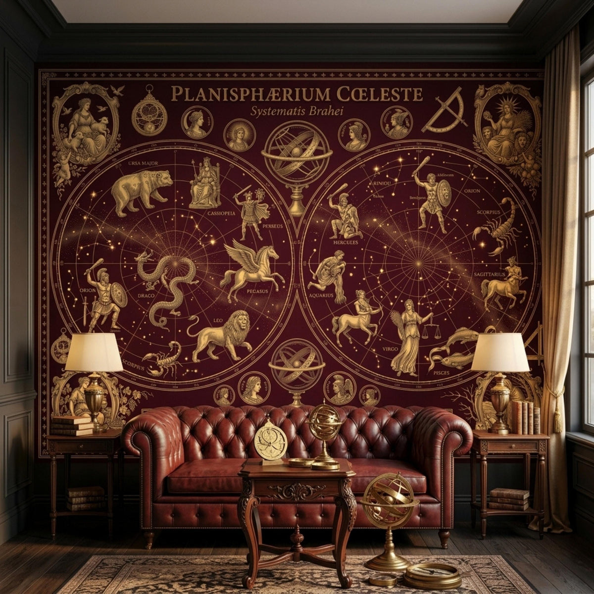 A burgundy and gold celestial map mural covers a wall behind a brown leather sofa, flanked by two side tables with lamps.