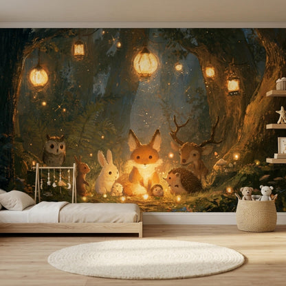 A mural of woodland animals, including a fox, rabbit, deer, owl, and hedgehog, gathered around a glowing light in a dark forest with hanging lanterns, covers a wall in a child's bedroom with a wooden bed frame.