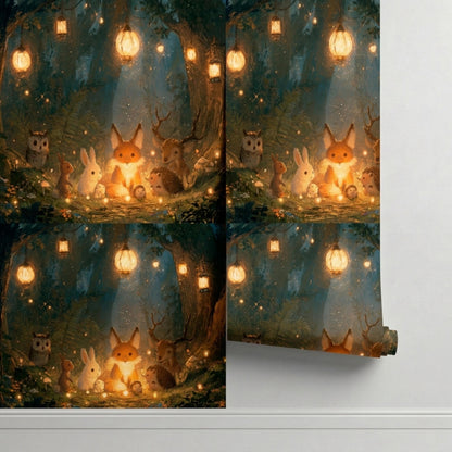 Four rolled sections of wallpaper showing a repeating pattern of woodland animals in a glowing forest with hanging lanterns.