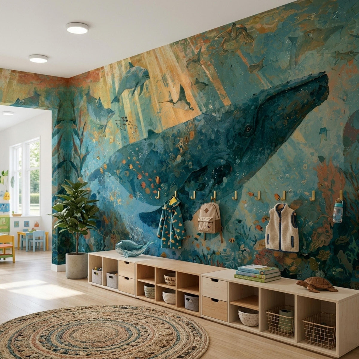 A classroom or playroom with a long wooden storage unit and a small tree, set against a wall mural depicting an underwater scene with a large whale and dolphins.