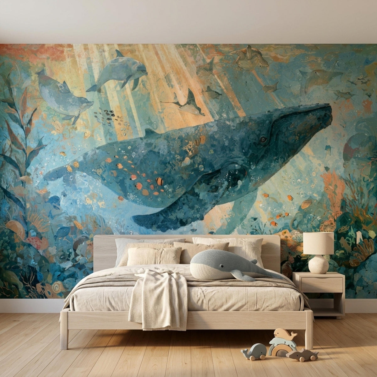 A bedroom with a light wood bed, a gray duvet, and a whale-shaped pillow, set against a wall mural of an underwater scene with a large blue whale.