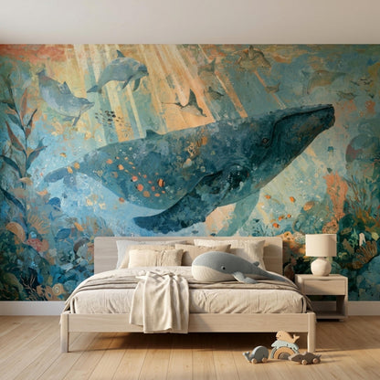 A bedroom with a light wood bed, a gray duvet, and a whale-shaped pillow, set against a wall mural of an underwater scene with a large blue whale.