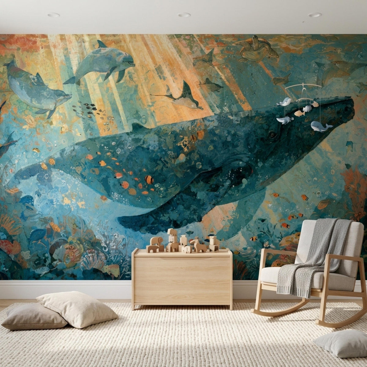 A room with a wooden toy chest and a gray rocking chair, positioned in front of a wall mural featuring a large blue whale and various marine animals.