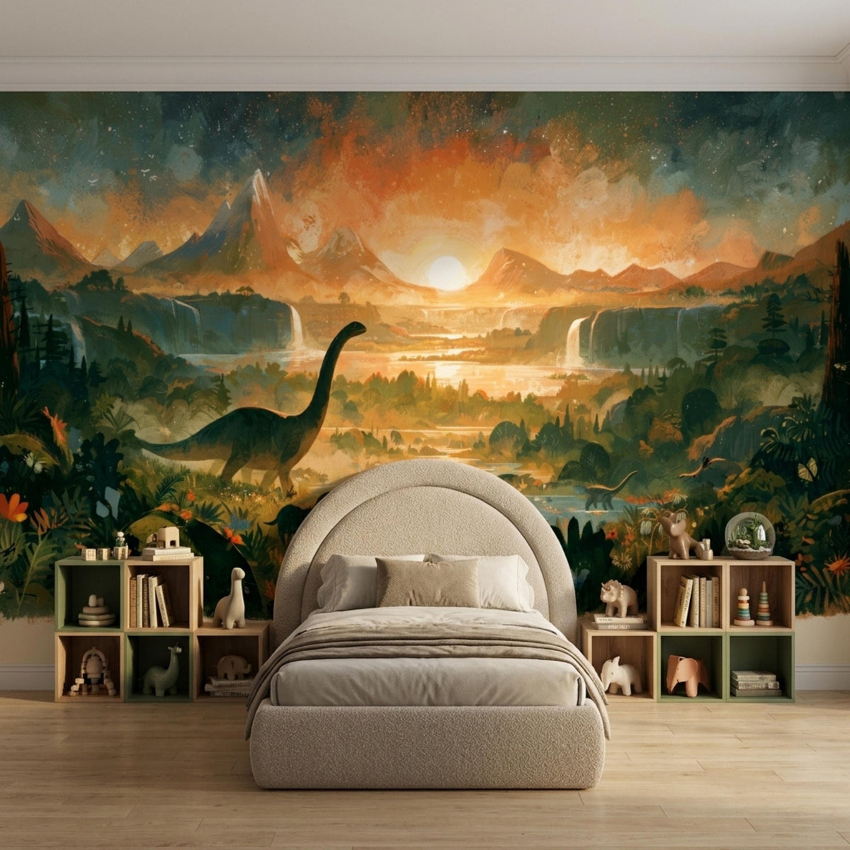 A child's bedroom with a watercolor mural of a prehistoric landscape with a brontosaurus, mountains, and waterfalls, with a gray upholstered bed flanked by two wooden shelves.
