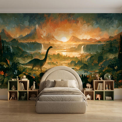 A child's bedroom with a watercolor mural of a prehistoric landscape with a brontosaurus, mountains, and waterfalls, with a gray upholstered bed flanked by two wooden shelves.