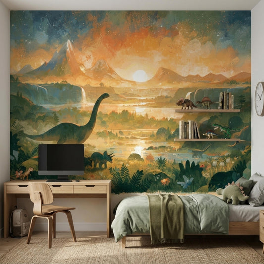 A child's bedroom with a watercolor mural of a prehistoric landscape with dinosaurs, mountains, and waterfalls, with a desk, chair, and bed with green bedding.