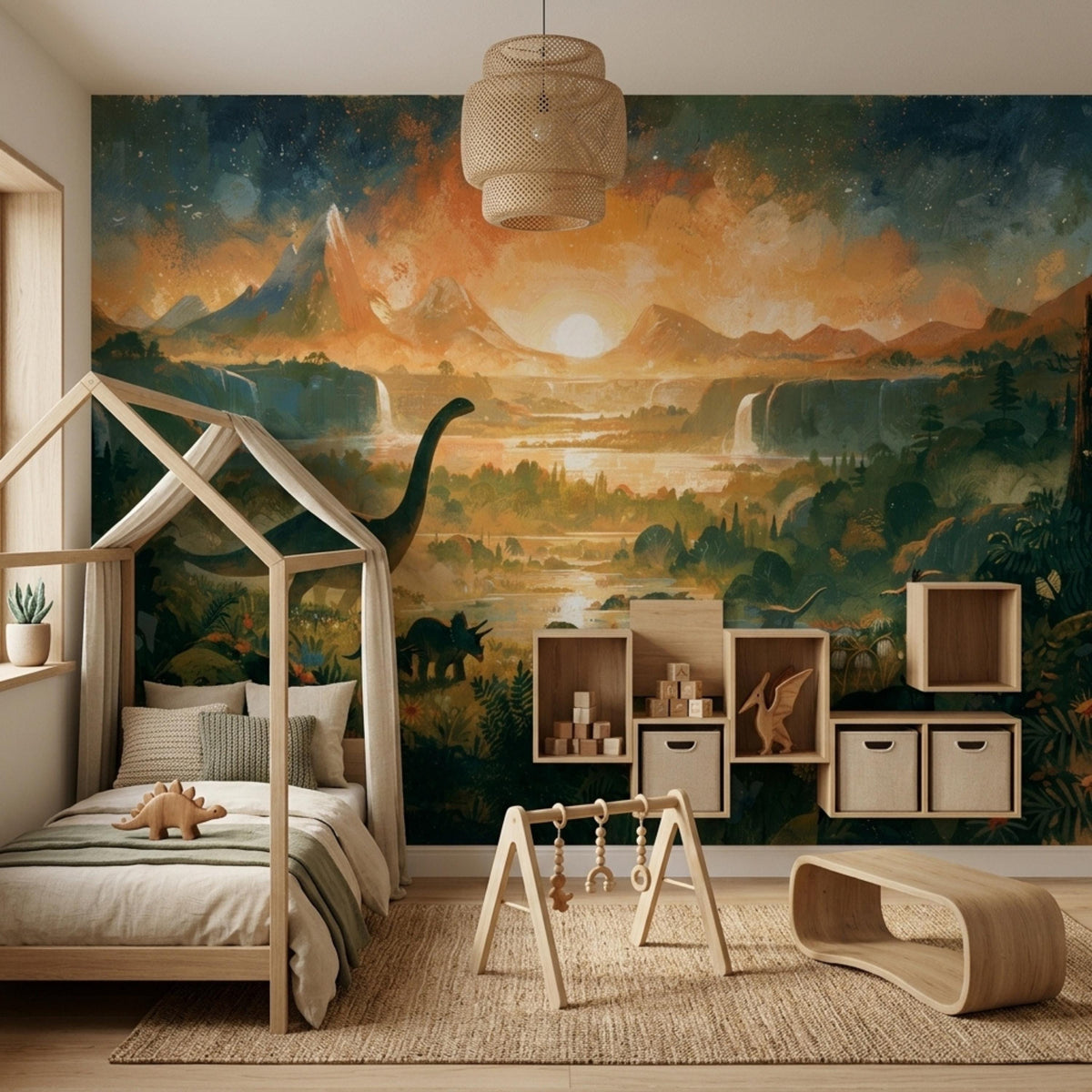 A child's bedroom with a watercolor mural of a prehistoric landscape with dinosaurs, mountains, and waterfalls, with a light wood house-frame bed and wooden storage cubes.