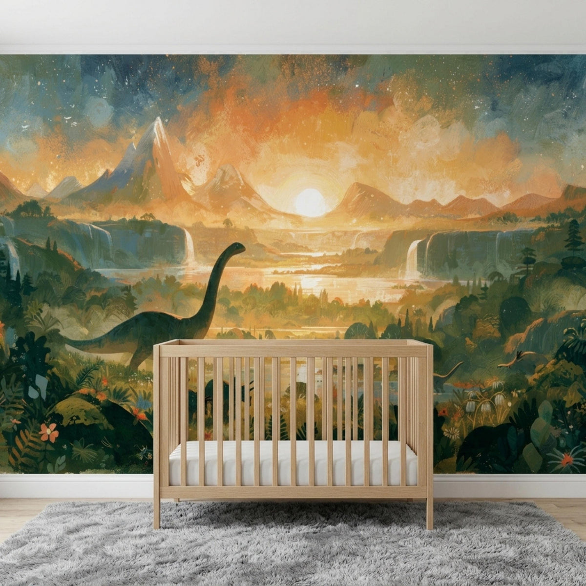 A nursery with a watercolor mural of a prehistoric landscape with a brontosaurus, mountains, and waterfalls, with a light wood crib on a gray rug.