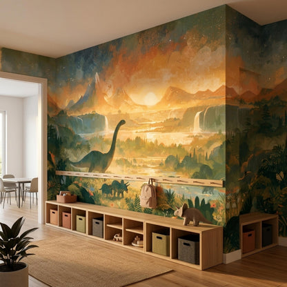A room with a watercolor mural of a prehistoric landscape with dinosaurs, mountains, and waterfalls, with a long wooden storage bench with cubbies.