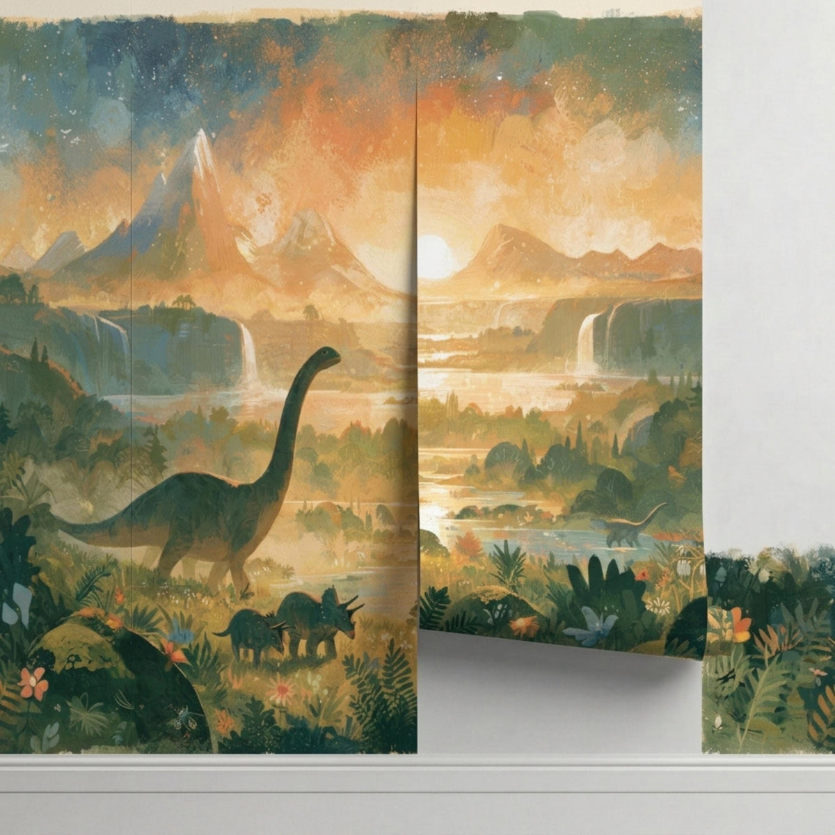 A close-up of a watercolor mural of a prehistoric landscape with a brontosaurus and smaller dinosaurs, showing the mural in panels being applied to a wall.