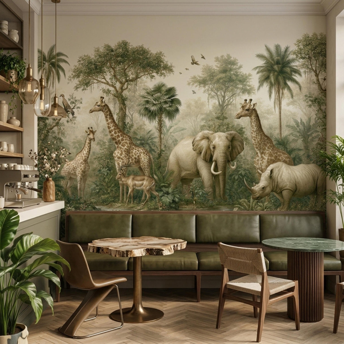 A kitchen interior showcases a vintage jungle mural on the main wall depicting exotic animals like giraffes, an elephant, and a rhinoceros above a green leather seating area.